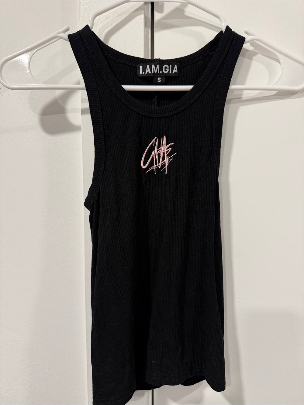 I.AM.GIA Black Ribbed Tank with Pink Script Logo